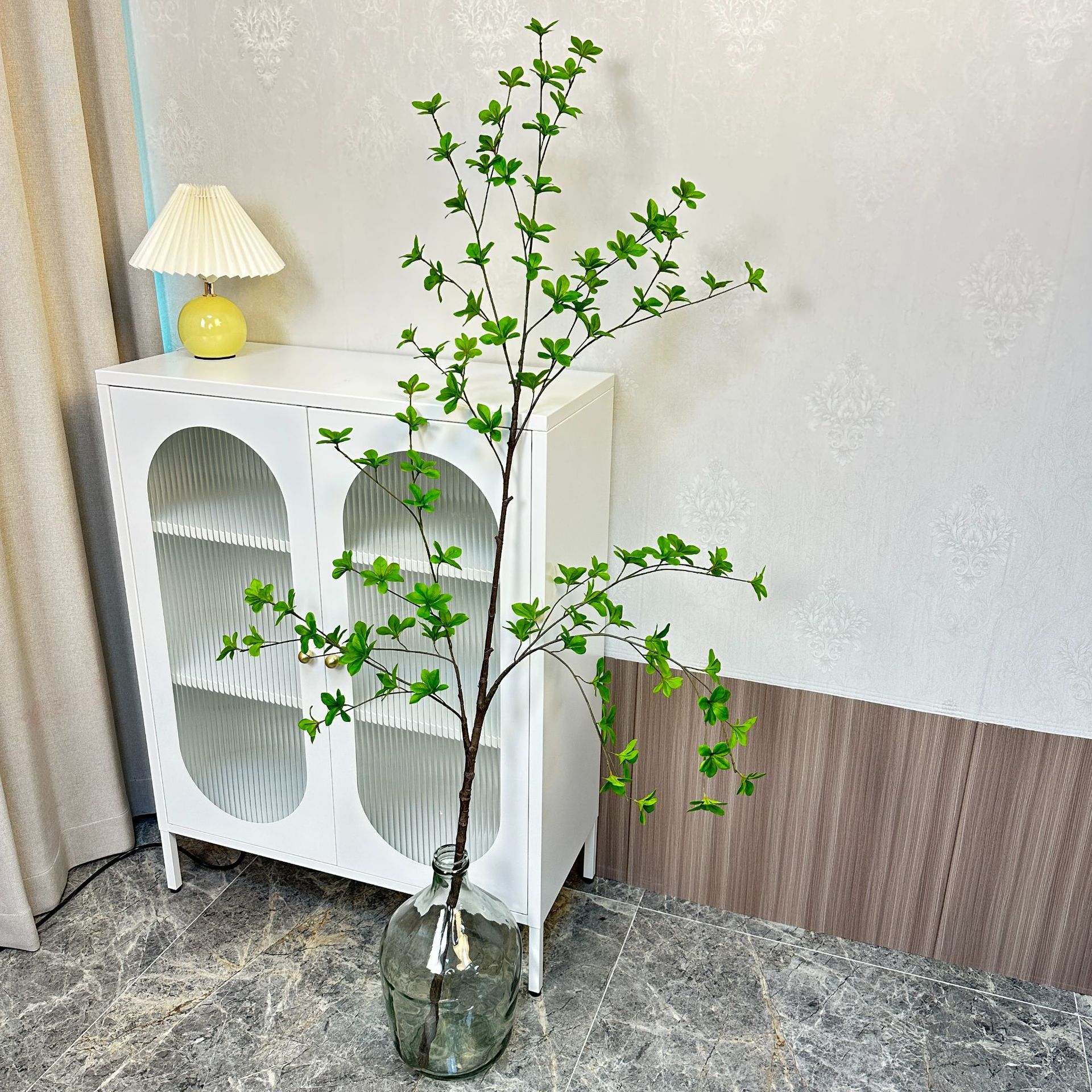 Artificial japonés borracho madera campana hoja árbol artificial sola gran rama planta verde planta maceta recepción ventana Decoración