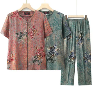 老太太夏装套装棉绸短袖老年女装小个子奶奶装夏季70多岁老人衣服