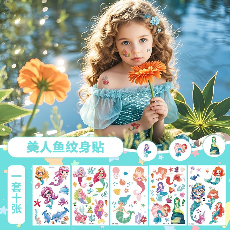 Children's Cartoon Mermaid Tattoo Pink Princess Waterproof Cute Fun Disposable Bonus Sticker Children's Cartoon Mermaid Tattoo Pink Princess Waterproof Cute Fun Disposable Bonus Sticker