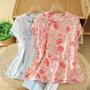 Actual Shot of Ready-Made Plus Size Women's Clothing 2025 Summer New Shirt Plate Shirt Classy Cotton and Linen Printed Slanted Shirt