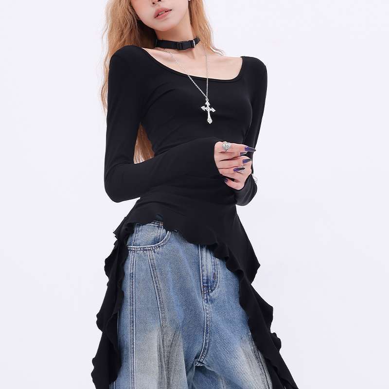 Black Ruffled Strap Long-sleeved Base T-shirt Women's Autumn and Winter Design Sense Niche Hot Girls Tight Waist Pleated Top
