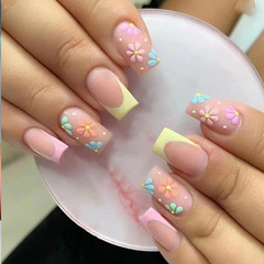 Fresh, colorful and cute floral manicure, medium and long European square false nails, small fresh French style wearable nails