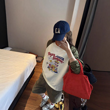 2025秋季新款卡通宽松长袖拼色大版t恤韩国代购