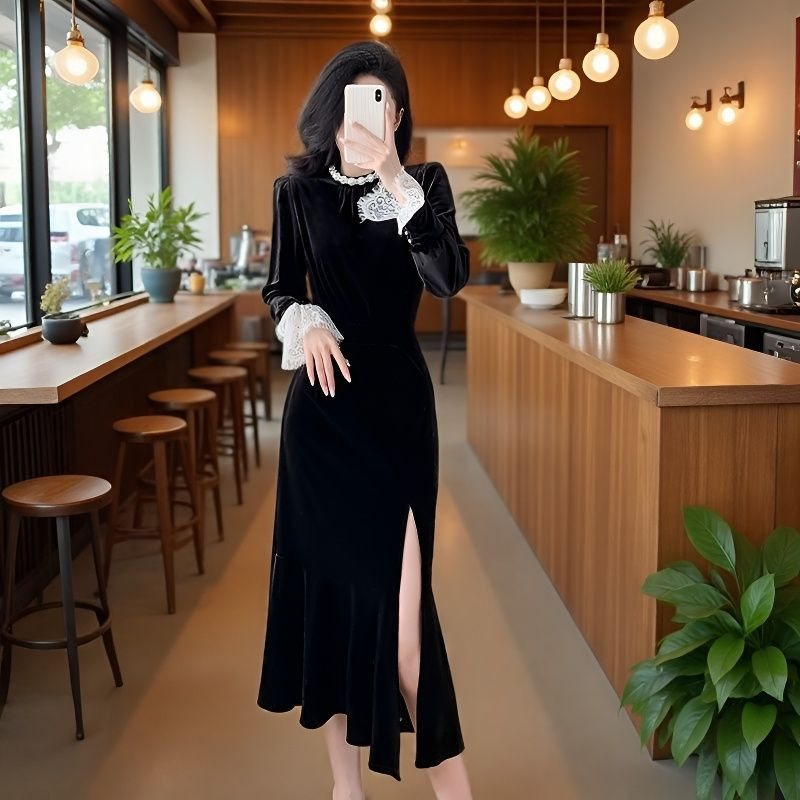 黑色丝绒连衣裙女2025秋冬新款法式复古赫本风包臀开叉鱼尾长裙子|undefined