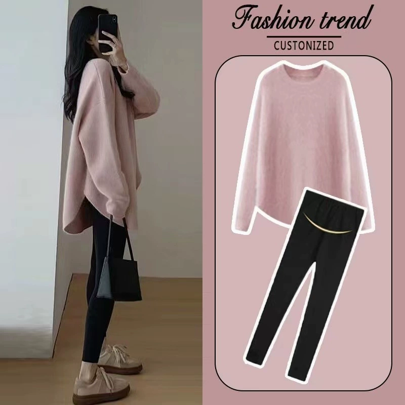 Спотовая сеть красный зимний костюм для беременных свитер свободный прилив 2024 новый костюм для беременных осенний и зимний набор из двух частей