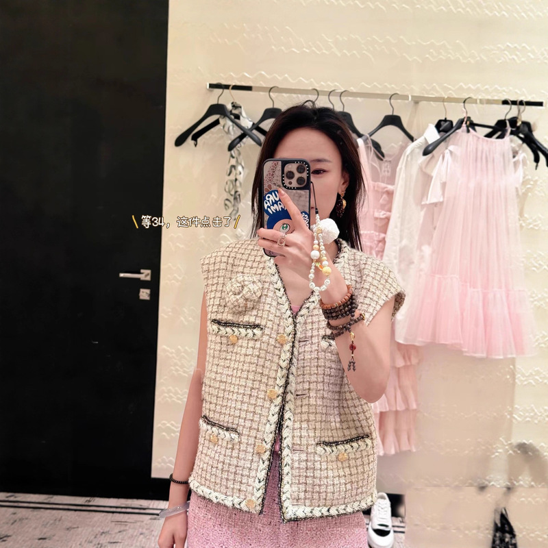 2025 Autumn and Winter New Style Apricot Plaid Wool Blend Tweed Silk-Lined Vest Jacket 91030 # 2025 Autumn and Winter New Style Apricot Plaid Wool Blend Tweed Silk-Lined Vest Jacket 91030 #