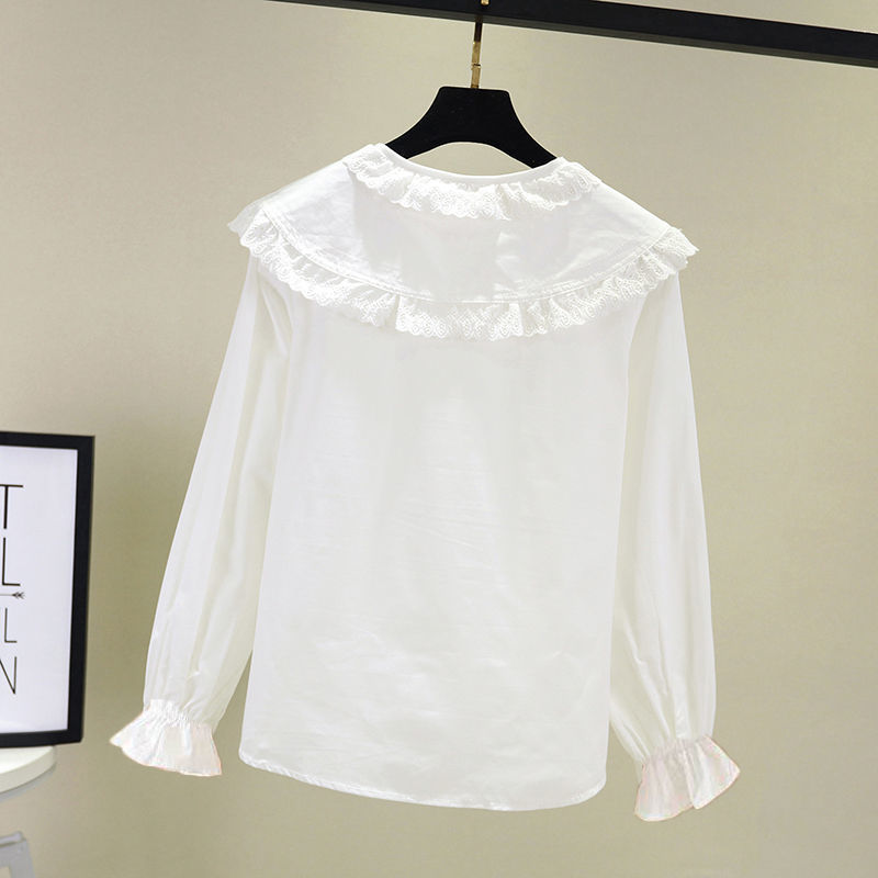 Camisa de primavera y verano para niñas 2023 nuevo estilo coreano estilo occidental camisa blanca de manga larga para niños collar de muñeca de encaje inferior superior