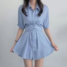 连衣裙2024新款束腰显瘦POLO领衬衣短裙小众设计感温柔系绑带裙