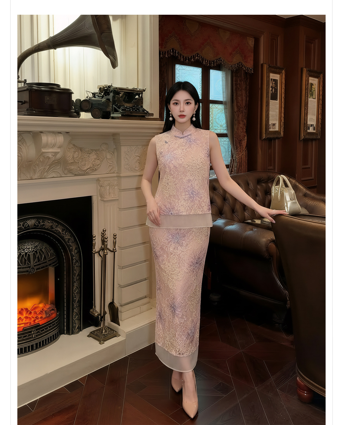 Set áo khoác gile + chân váy maxi Tân Trung Hoa thêu hoa, tay phối ren, eo thắt dây — nửa váy, Trang chủ chi tiết 8