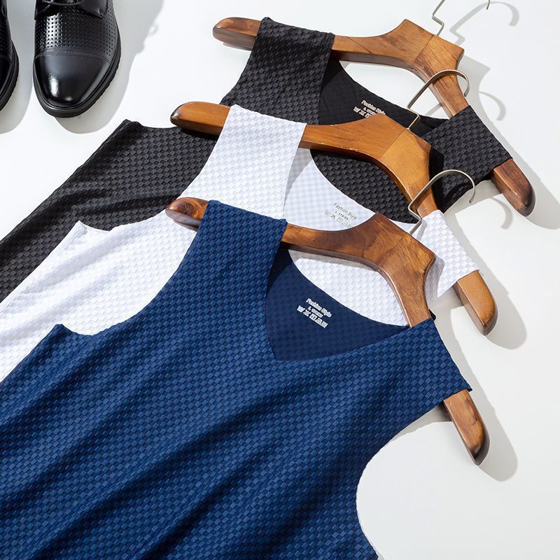 Men's Ice Silk Mesh Seamless Checkered Summer Trendy Thin Slim-Fit Wide-Shoulder Sports Quick-Dry V-Neck Sleeveless Vest