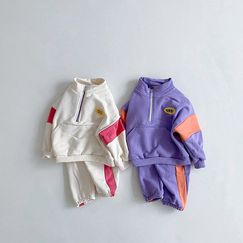 Korean style children's clothing autumn clothing for boys and girls sweatshirt set baby sports sweatpants two-piece set retro color matching school uniform