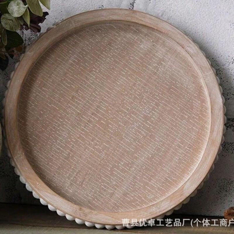 现货乡村木质串珠托盘圣诞节装饰盘桐木圆形香薰蜡烛底座高脚托盘|undefined