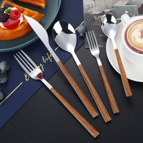 Stainless steel imitation wood grain Korean style handle knife and fork spoon dessert spoon and fork tableware set hotel retro western tableware set