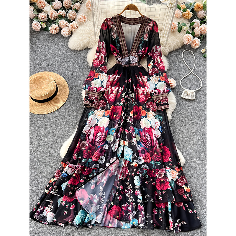 2025 Spring and Autumn French Palace Style Slim French Chiffon Mesh Dress Women's Large Swing A-Line Printed Long