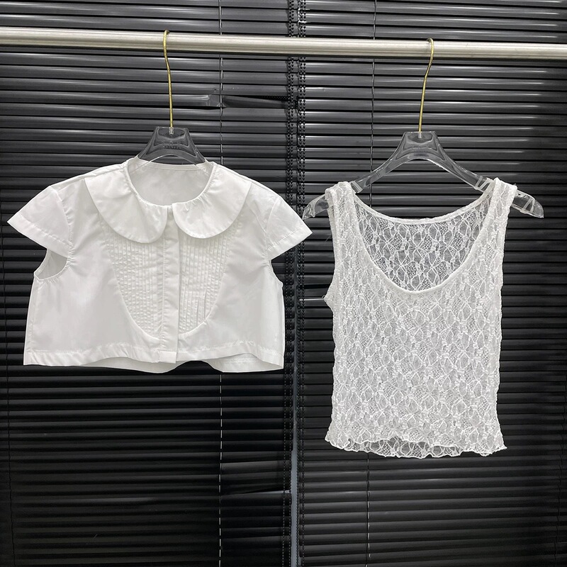 French Retro Sweet Elegant Spice Girl Super Short Top Lace Vest Two-piece Pure Desire Doll Collar Short-sleeved Shirt