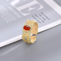 Vintage-style copper-plated gold, gemstone-embellished imitation rubellite ring for women, versatile and adjustable, open-style finger ring with a retro charm