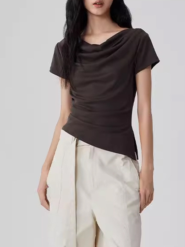 夏の新しいスタイルのスイングカラーデザイン半袖Tシャツウエストスリット女の子の絶妙なトップ|undefined