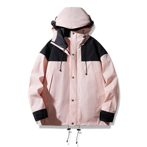 Spring and Autumn Outdoor Windproof & Waterproof Jacket with Detachable Hood—Men's and Women's Couple Style, Available in Navy Blue Patchwork