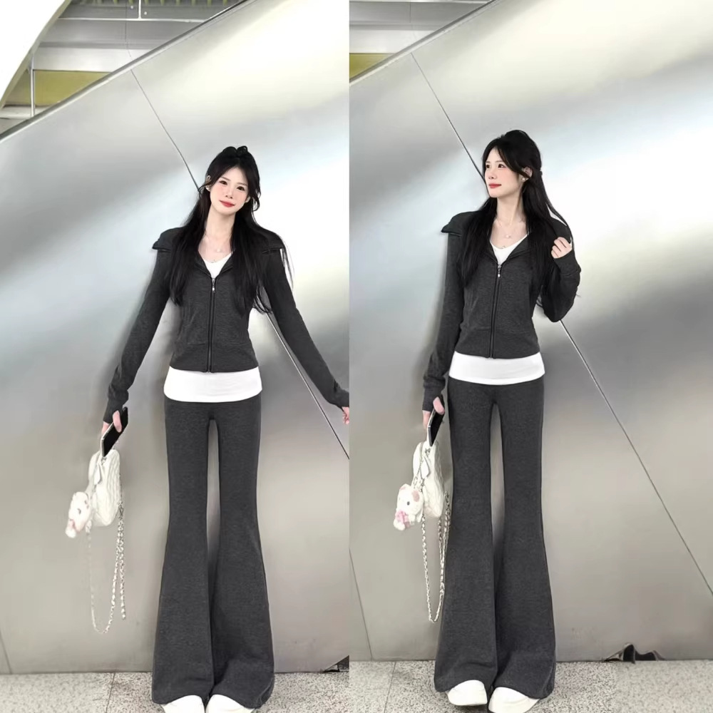 Gray Striped Casual Suit for Women, Early Spring Long-Sleeve Sweatshirt, 2026 New Women's Fashion, Petite Zip-Up Hooded Jacket