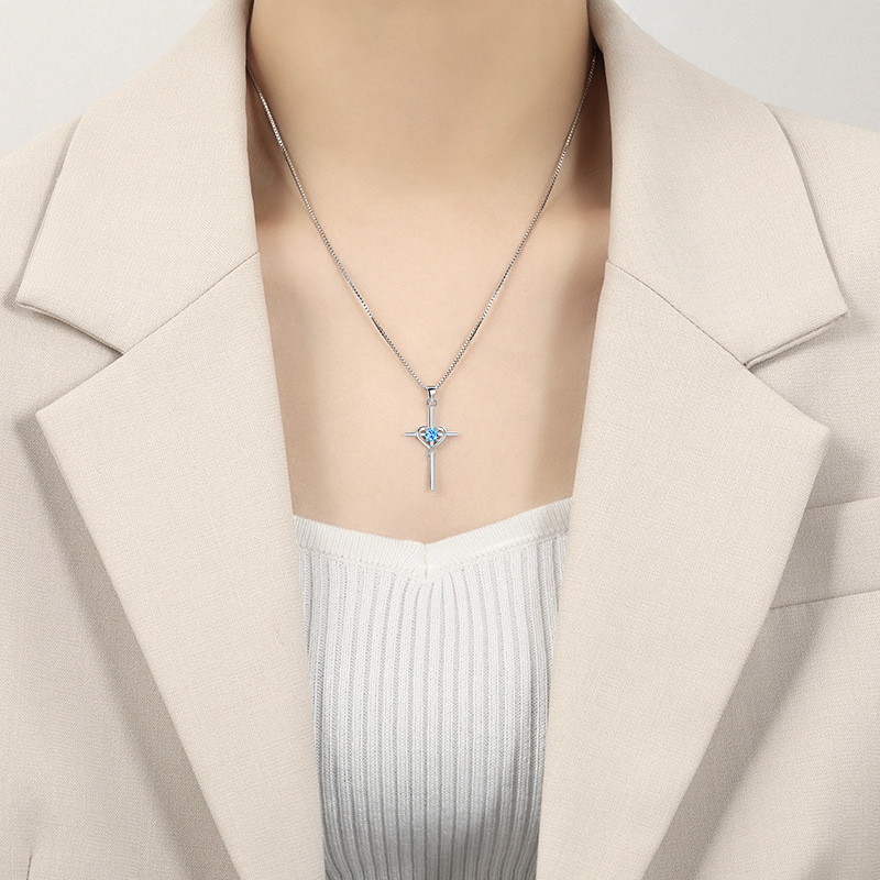Heart shaped Twelve Constellations Stone Lock Bone Chain Cold Wind Faith Cross Necklace_voghion.com