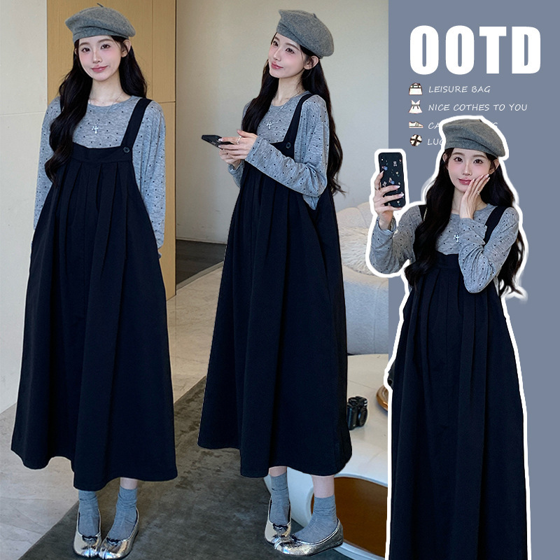 Maternity Dress Autumn and Winter 2025 New Pregnancy Top Suspender Skirt Two-Piece Suit Winter Wear for Pregnant Mothers French Style