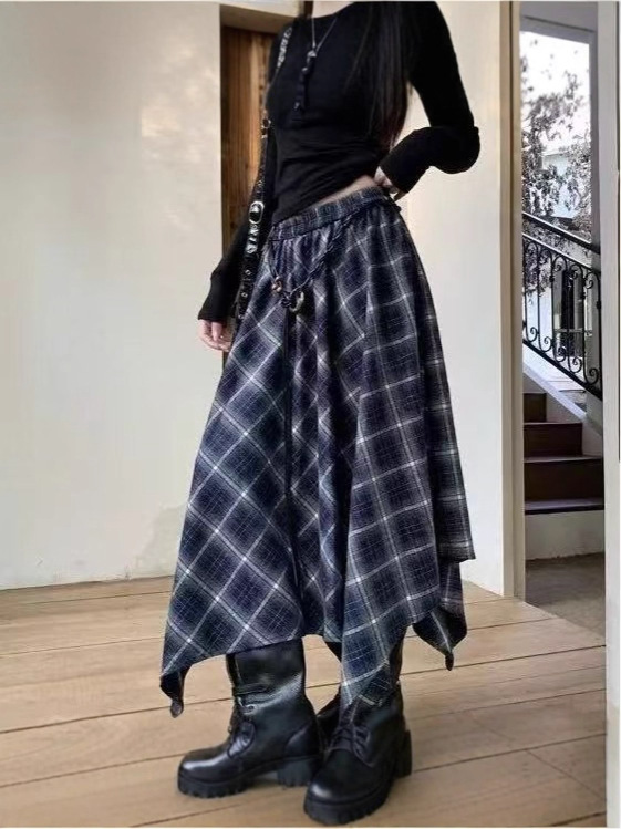 2025年新款设计感不规则撞色格纹半身裙女高腰显瘦气质中长裙子潮|undefined