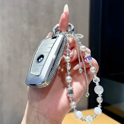 Car key bag, X4, X5, blade-style women's key case - bmw-b-model-silver-side-studded-silver-butterfly-crystal-chain