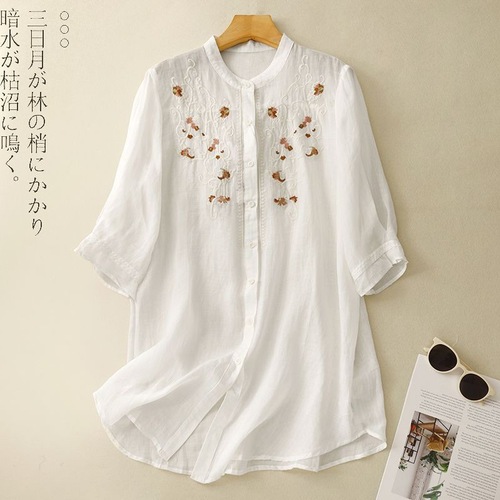 Embroidery Shirt Women's Summer New Fashion Medium Length Loose Seven-Sleeve New Chinese Top 