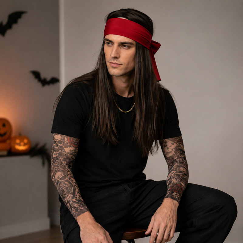 Xiyin temu hot-selling Halloween 80s disco 90s punk red headband long straight hair rock wig set Xiyin temu hot-selling Halloween 80s disco 90s punk red headband long straight hair rock wig set