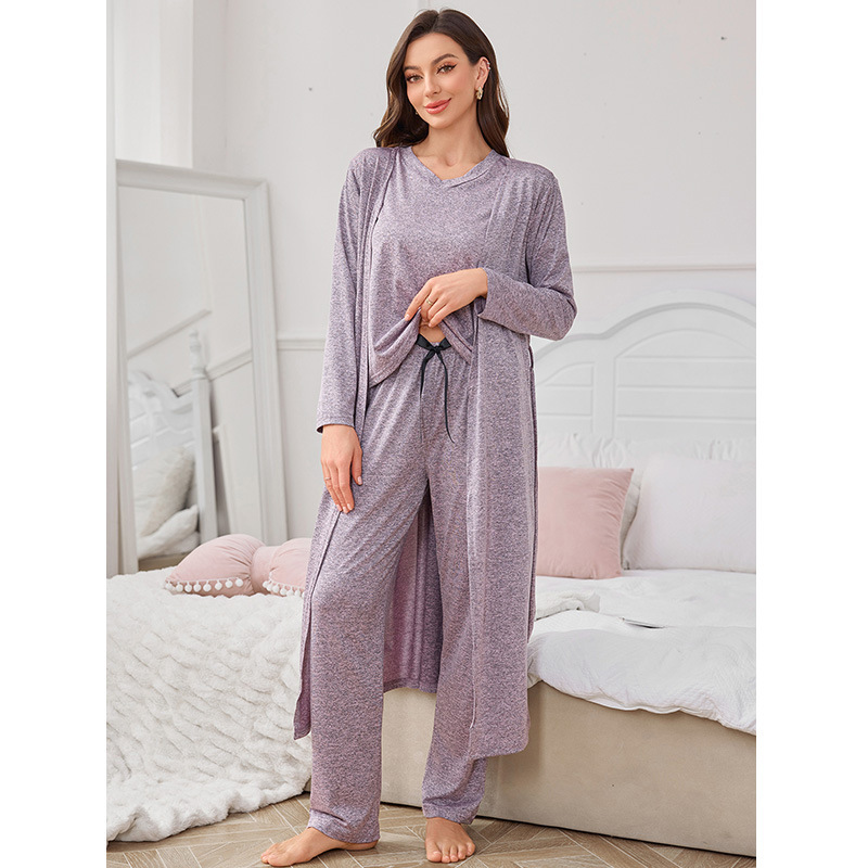 Factory direct luxury noble solid color knitted cotton nightgown three-piece suit Amazon cross-border home clothes pajamas women