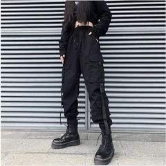 春秋新款束脚纯棉工装裤女显瘦帅气潮牌机车嘻哈黑色休闲裤子