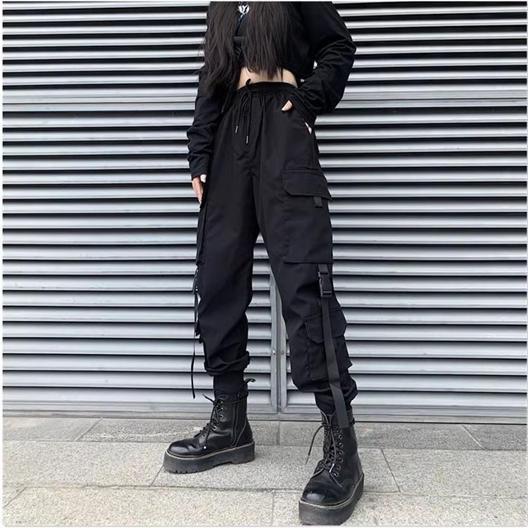 春秋新款束脚纯棉工装裤女显瘦帅气潮牌机车嘻哈黑色休闲裤子|undefined