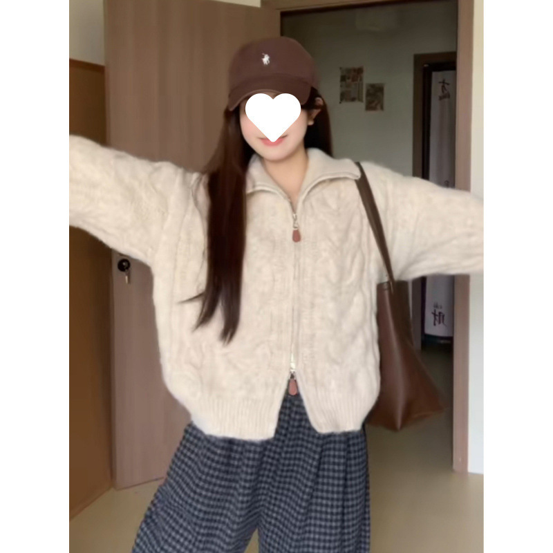 高领麻花拉链开衫毛衣女款2025新款秋冬季加厚慵懒风立领针织外套|undefined