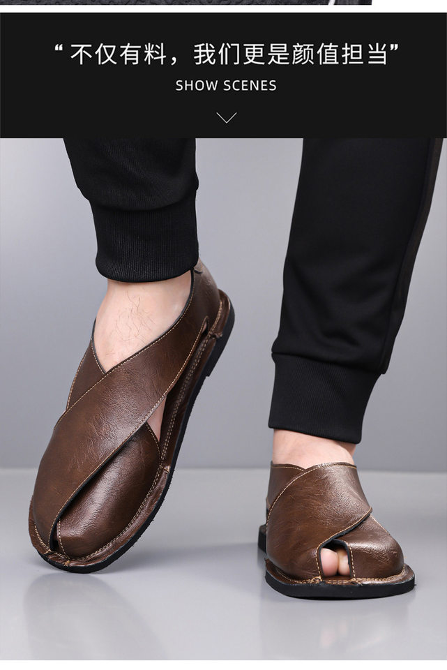 Dép sandal nam quai ngang kiểu La Mã cổ điển, thoáng khí, đế cao su — nâu, đen chi tiết 14