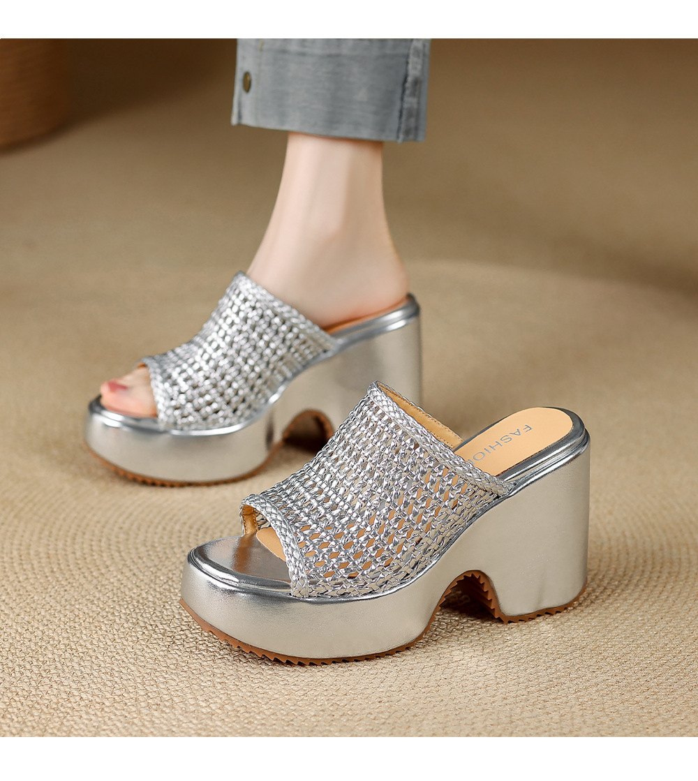 Sandal cao gót nữ hở mũi đế xuồng đan lát phong cách La Mã — màu đen, màu trắng ngà, bạc chi tiết 6