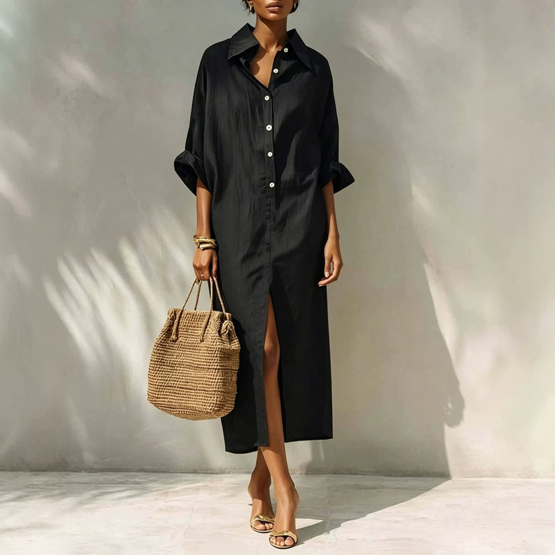 In-Stock 2026 European and American Cross-Border Amazon Independent Site Western Bohemian Split Button Cotton-Linen Dress In-Stock 2026 European and American Cross-Border Amazon Independent Site Western Bohemian Split Button Cotton-Linen Dress