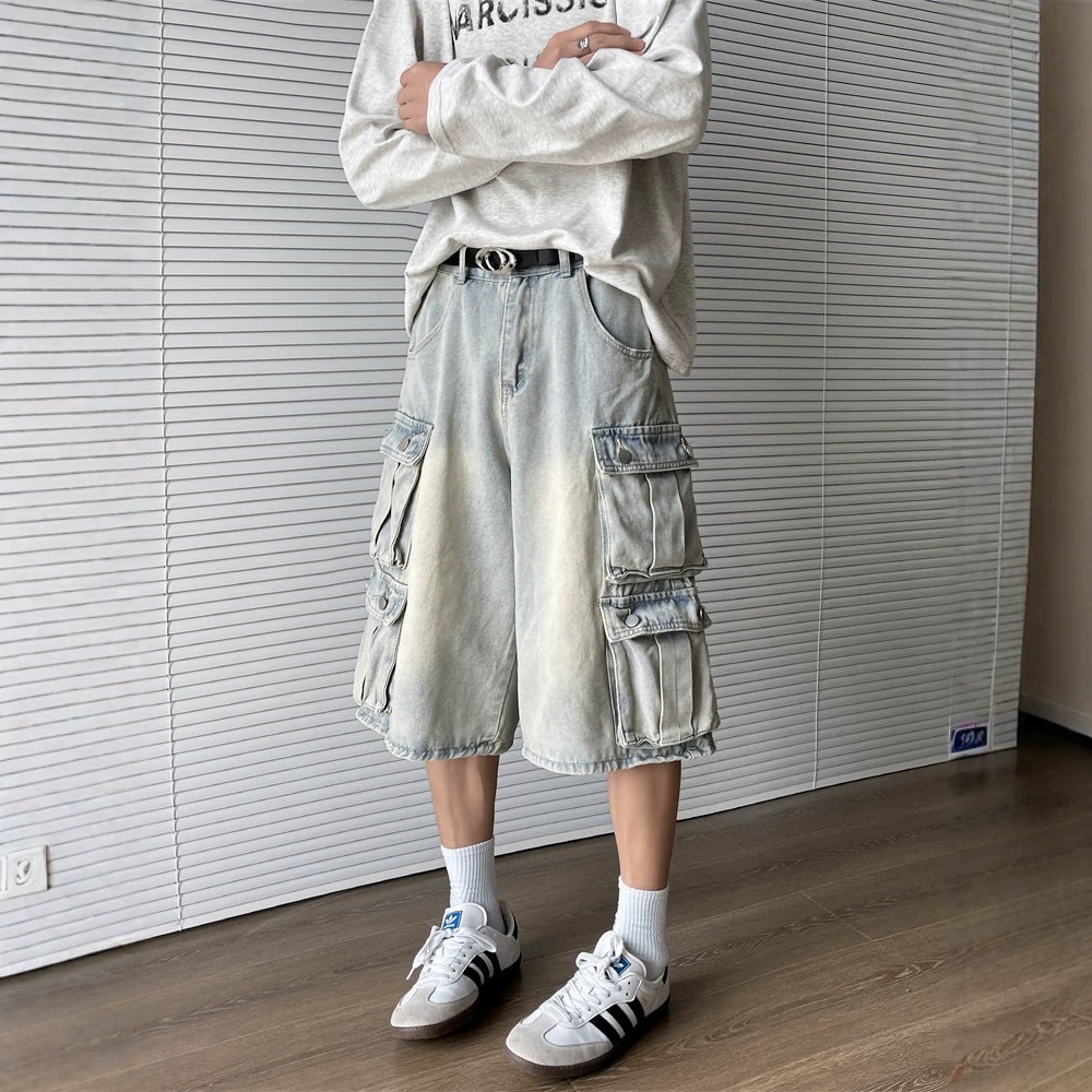 重磅水洗工装牛仔短裤男宽松直筒美式街头潮牌多口袋做旧七分中裤
