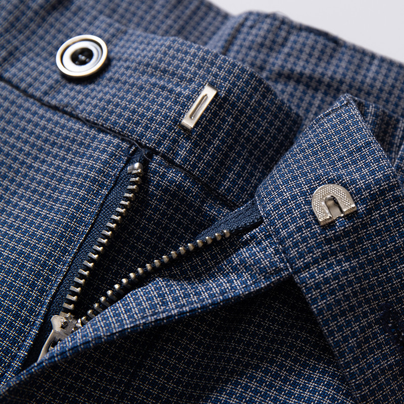 Pantalones de traje a cuadros azules pantalones de verano de los hombres delgados pantalones sueltos rectos elásticos pantalones casuales de alta gama para hombres