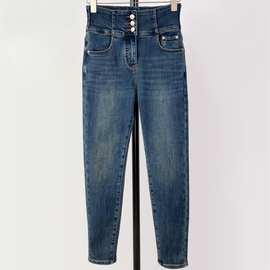 P170255XM 秋季新款一体绒高腰小脚牛仔裤百搭高弹显瘦长裤