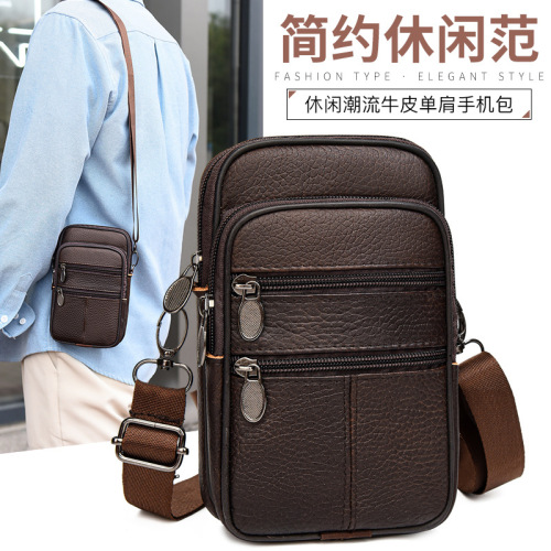 Authentic leather phone bag for men, waist bag with multiple functions, casual crossbody small bag, street vendor men's waist bag, factory wholesale