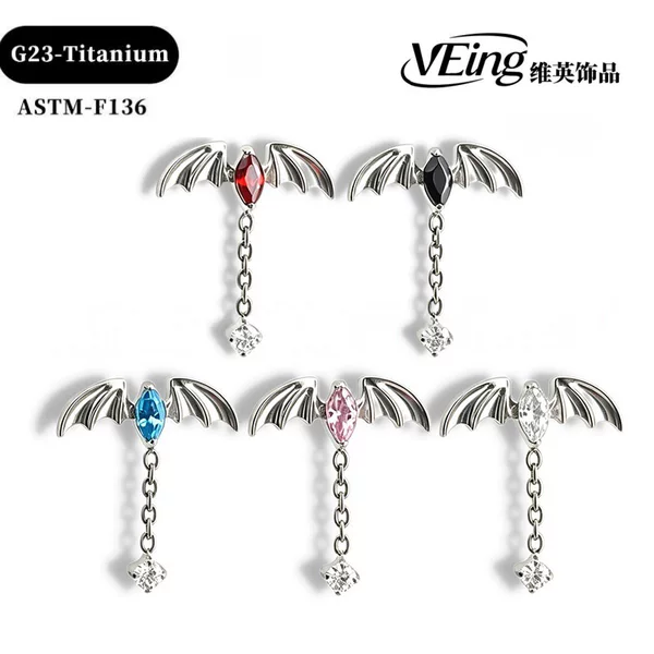 F136 Titanium Ear Studs Bat-Shaped Zircon Lip Studs Halloween Cross-Border G23 Titanium Alloy Piercing Jewelry Head Ear Studs