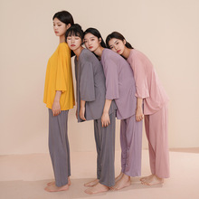 睡衣女士春秋天莫代尔带胸垫七分袖长裤大码可外穿纯色秋冬家居服