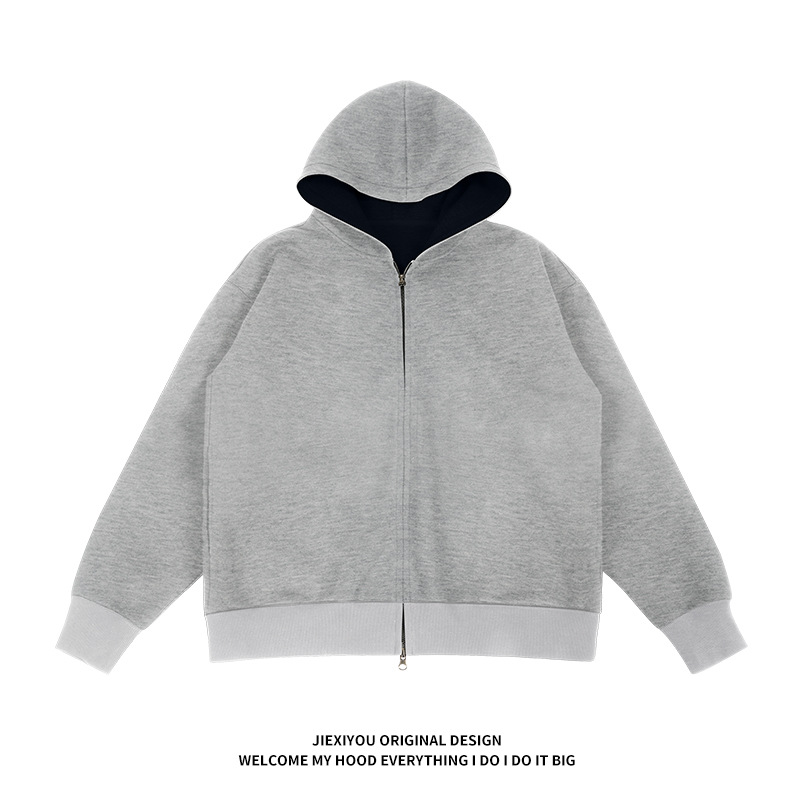 Cardigã masculino com blocos de cores, popular na Europa e nos Estados Unidos, de marca moderna, com toque sofisticado, com capuz e modelagem solta._voghion.com