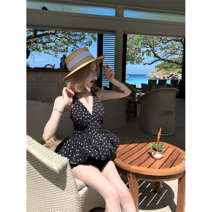 Summer New Sexy Spice Girl Deep V-neck Leaky Back Sleeveless Top Tight Waist Slimming Black Polar Dot Design Hanging Neck Ins