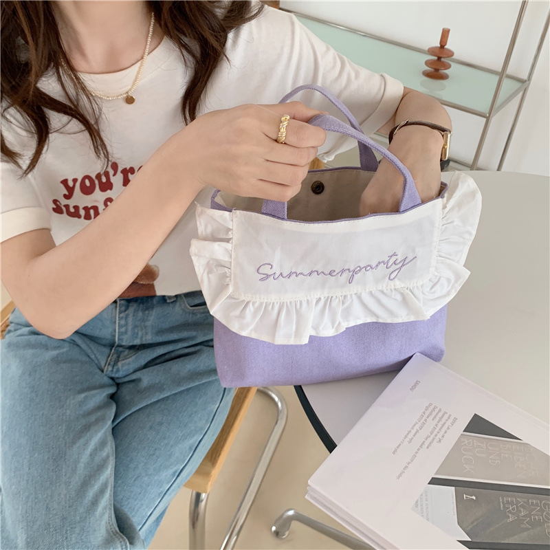 1441 Japanese and Korean chic Sweet ruffled bento Bag, Fresh embroidered hand-held small cloth bag, girl student bag wholesale undefined