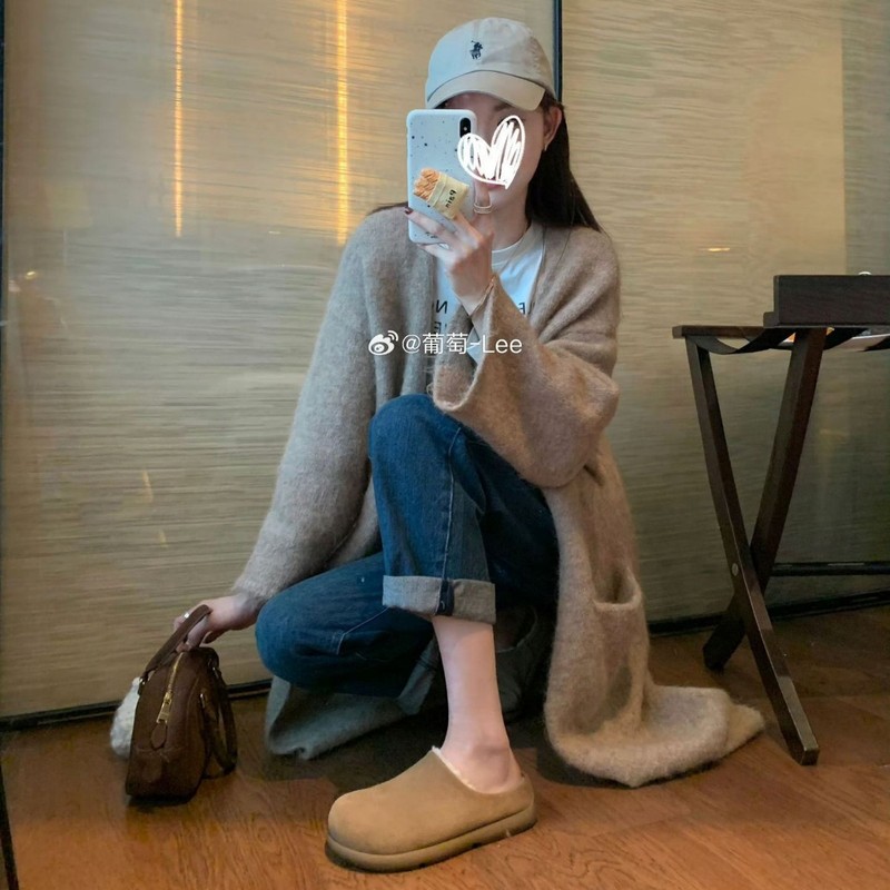 牛皮版葡萄妈同款加绒毛毛鞋保暖一脚蹬勃肯半拖雪地靴女秋冬棉鞋|undefined