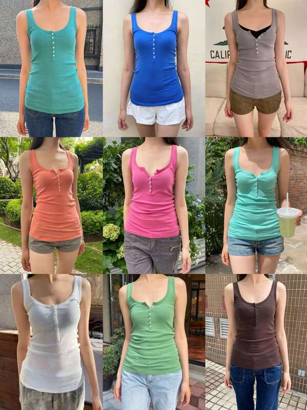 Bm Style American Hot Girl Style Slim-Fit Buttoned Camisole for Women, Bm Outerwear, Slimming, Versatile Sleeveless Top Bm Style American Hot Girl Style Slim-Fit Buttoned Camisole for Women, Bm Outerwear, Slimming, Versatile Sleeveless Top