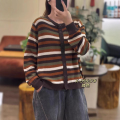2025新款条纹撞色针织开衫 妈妈装秋冬款宽松显瘦毛衣外套 55537