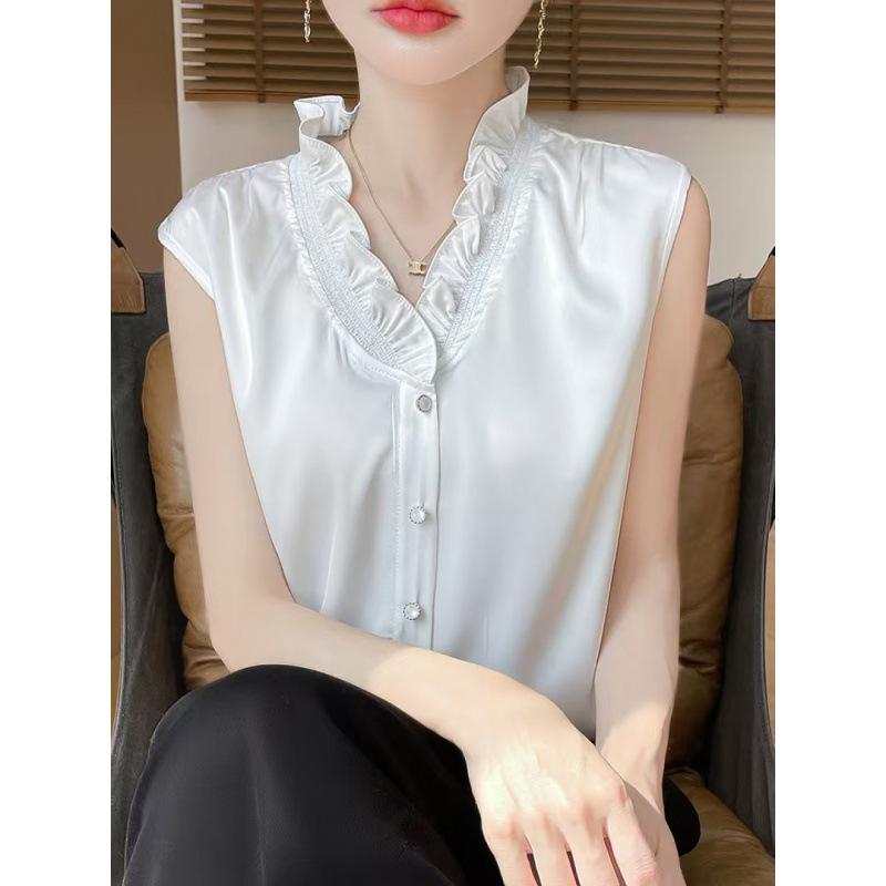 Plus Size Silks and Satins Shirt Sleeveless Vest for Women Spring and Summer Imitation Silk French Lotus Leaf V Neck Silky Inner Layering