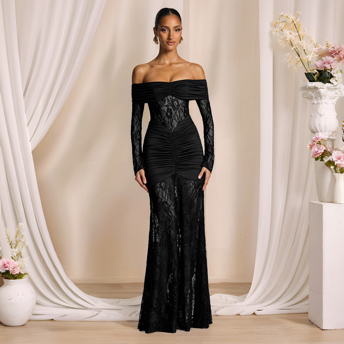 European and American Cross-Border Autumn Hollow Lace Patchwork Off-Shoulder Sleeveless Long-Sleeve Bodycon Dress Long Skirt Women's Evening Dress